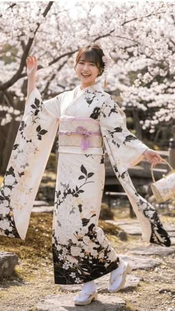 正絹　白地に黒　桜・牡丹　成人式　パーティー